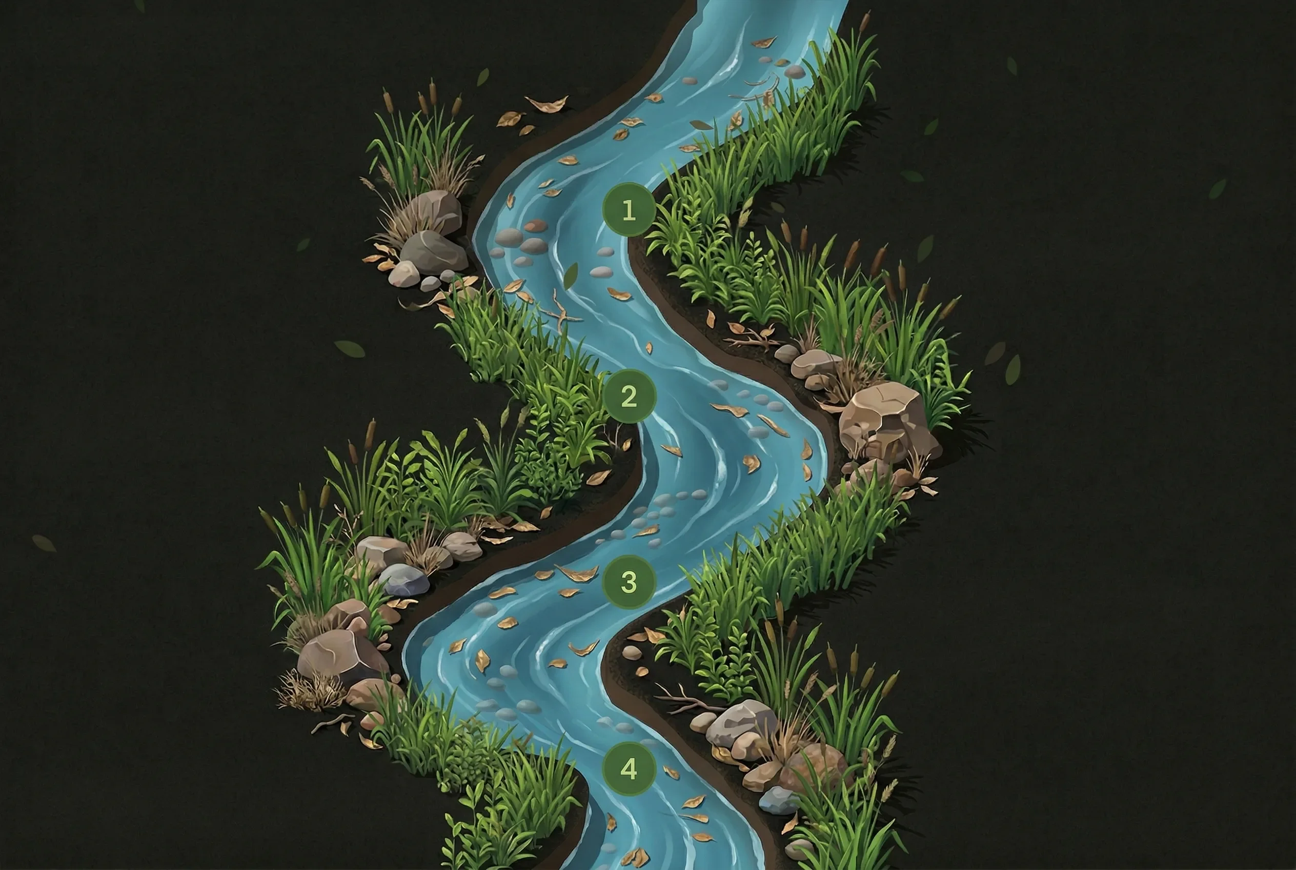 A meandering river filling with water, grass and life sprouting along its banks as the four steps of the carbon offset process are revealed